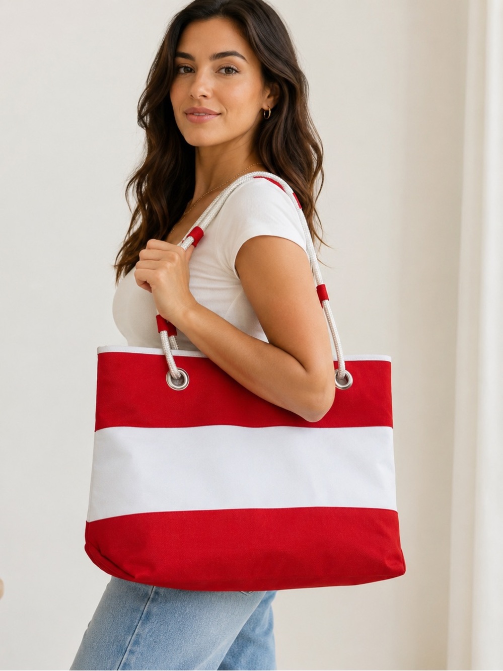 NEW LANCOME Red White Large Canvas Tote Bag Rope Handles GWP 16” x 12” x 5”